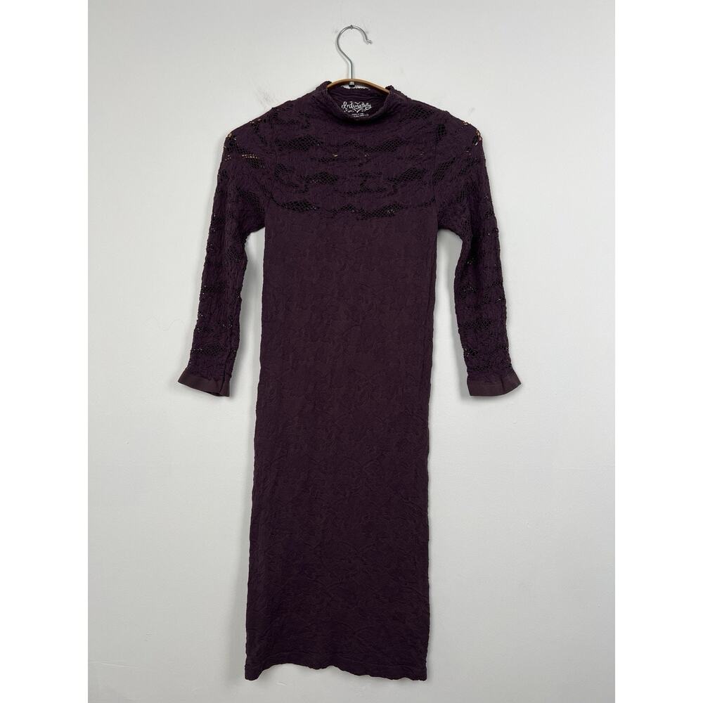Free People Intimately Size XS/S Bodycon Lace Long Sleeve MIDI Dress Purple Plum